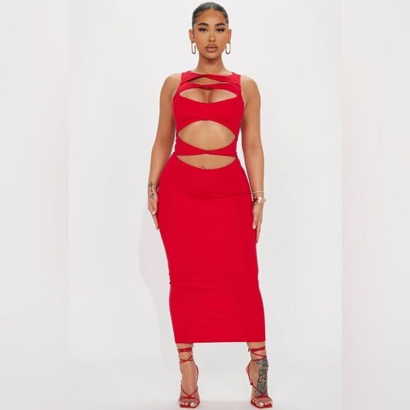 Fashion Nova Cut Out Midi Dress NEW Red Small Party - Picture 1 of 12